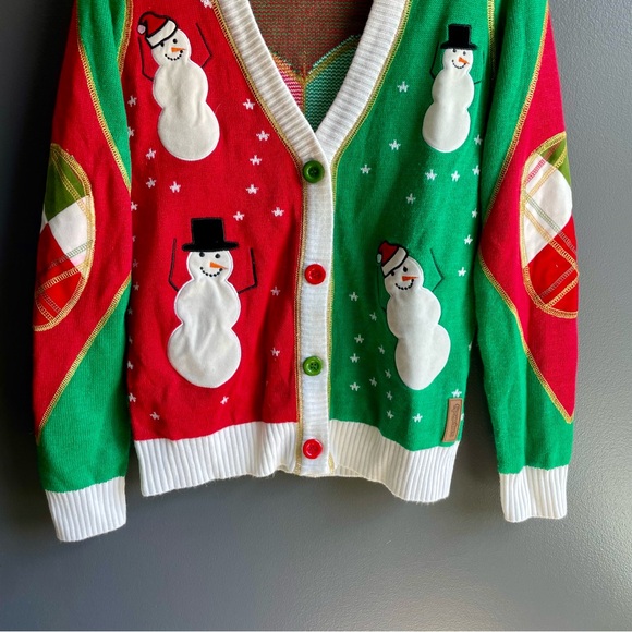 Tipsy Elves Women V Neck Cardigan Ugly Knit Sweater with Snowmen Red Green White - Picture 2 of 6